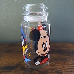 Vintage Disney Mickey Minnie Donald Anchor Hocking Glass Jar w/Lid Candy 8.5”